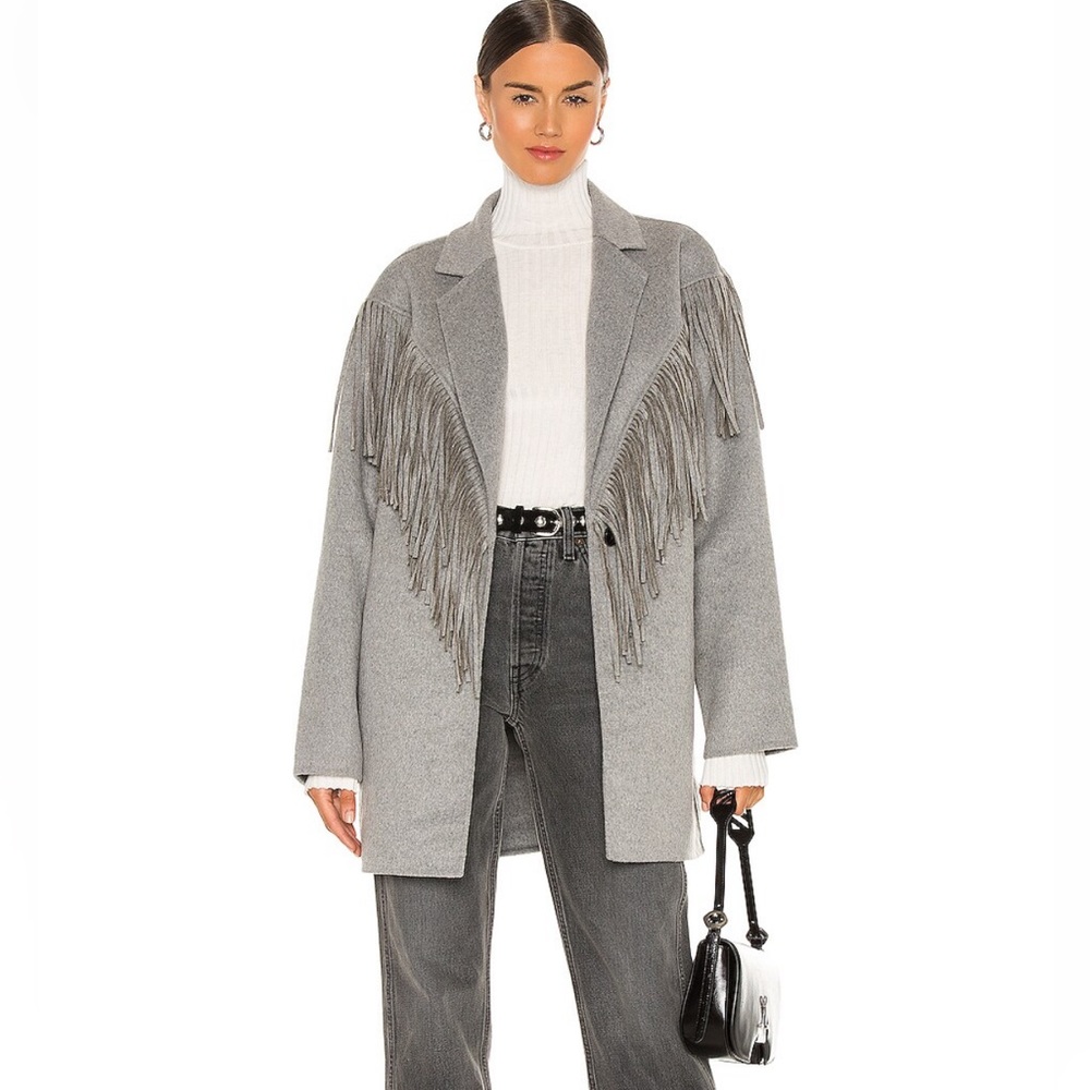 NWT L’Academie Jojo Grey wool fringe jacket, XL, $300
